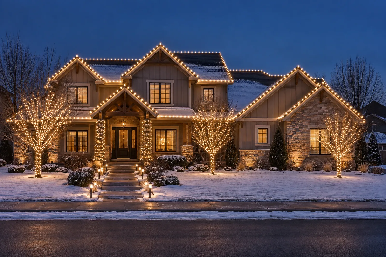 A large two-story with the full roofline, wrapped columns, wrapped trees and a lit walkway in light snow
